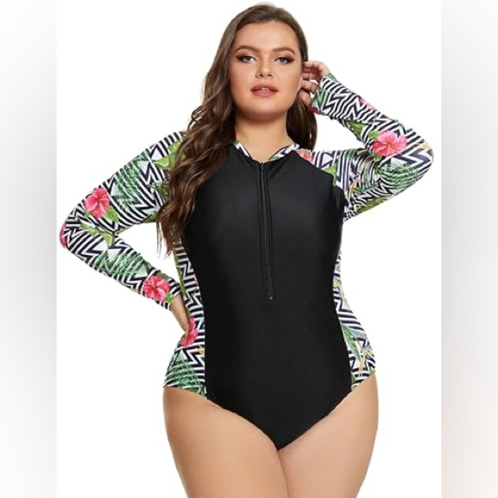 Floral Rash Guard Swimsuit Long Sleeve One Piece Rashguard Zip-Up 22W